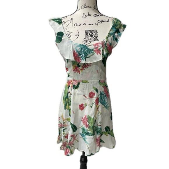 REFORMATION MINI DRESS PERLA RUFFLE SCOOP NECK TROPICAL FLORAL Sz 4 COCONUTGIRL - Picture 3 of 16